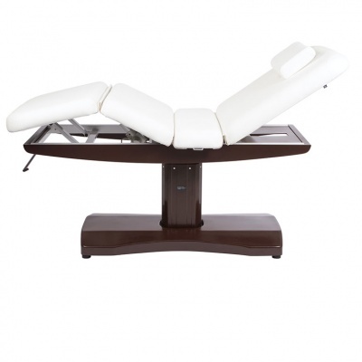 Cama de massagem elétrica com estrutura em madeira e estofado branco ajustável