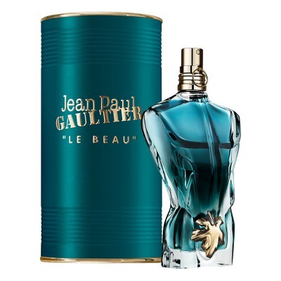 Perfume Jean Paul Gaultier Le Beau com frasco azul e embalagem verde