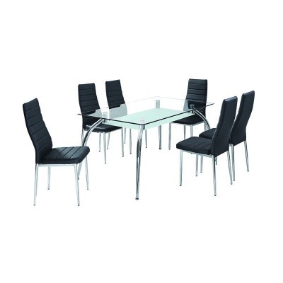 Conjunto de sala de jantar com mesa de vidro e seis cadeiras pretas