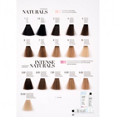 Tabela de cores de tintas de cabelo Naturals e Intense Naturals da Listrase com amostras numeradas e tubos de tinta