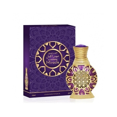 Frasco e caixa de óleo de perfume Al Haramain Miracle 15ml em roxo e dourado