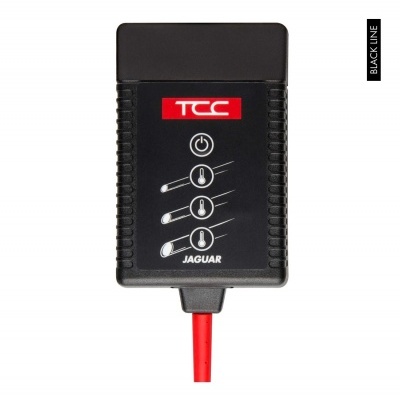 Comando elétrico preto da TCC com botão e ícones