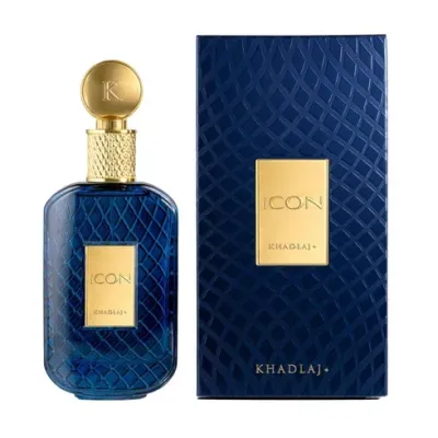 Frasco e caixa de perfume azul escuro com padrão entrelaçado e detalhes dourados, marca KHADLAJ, modelo ICON.