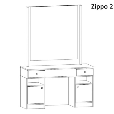 Móvel com espelho grande, duas gavetas, prateleiras abertas e portas inferiores