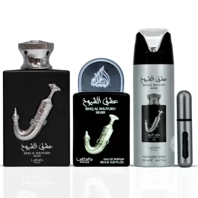 Conjunto de perfume Ishq Al Shuyukh Silver Lattafa Pride com frasco preto, embalagem e spray prateado.