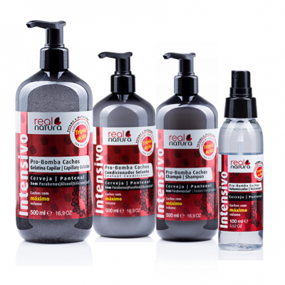 Produtos capilares real natura Pro-Bomba Cachos com embalagem preta, branca e vermelha