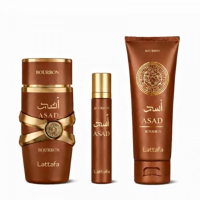 Conjunto de produtos Lattafa Bourbon Asad castanho e dourado