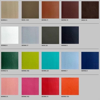 Amostras de pele sintética de várias cores e texturas etiquetadas.