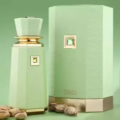 Frasco e embalagem de perfume verde menta com detalhes dourados e pedras verdes
