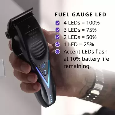 Aparelho de barbear WAHL preto com LEDs azuis indicando nível de bateria