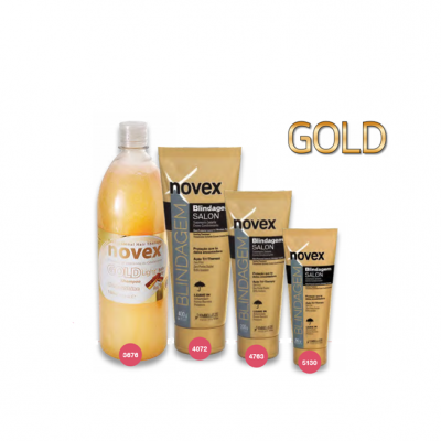 Produtos Novex Blindagem Salon GOLD em frasco e tubos sobre fundo branco