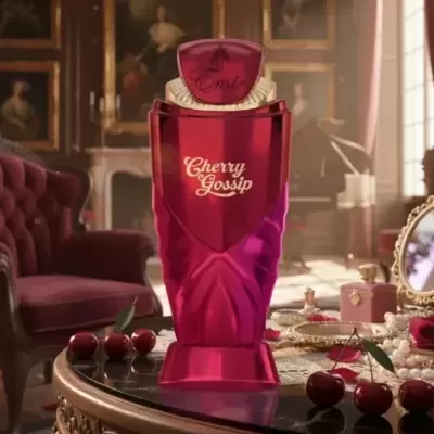 Frasco de perfume vermelho Cherry Gossip numa mesa clássica com cerejas e jóias