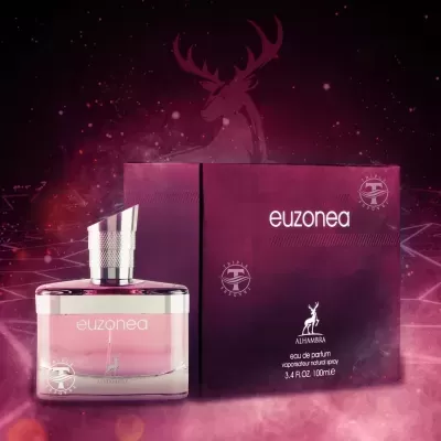 Frasco de perfume Euzonea Alhambra com caixa em tons rosa e roxo