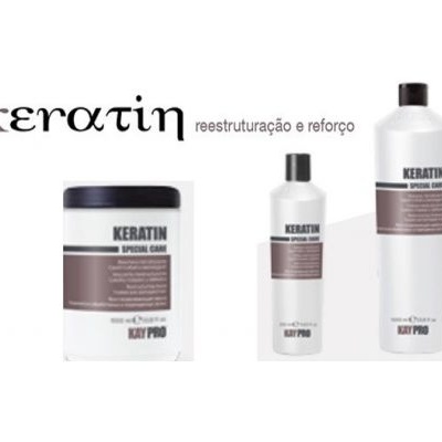 Produtos de cabelo keratin KayPro em frascos brancos com rótulos marrons
