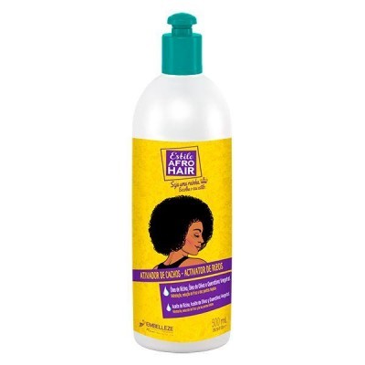 Frasco plástico branco com tampa verde e rótulo amarelo e roxo do produto Estilo Afro Hair Ativador de Cachos