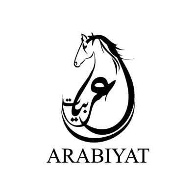 Logótipo preto e branco de cavalo com texto árabe e palavra ARABIYAT