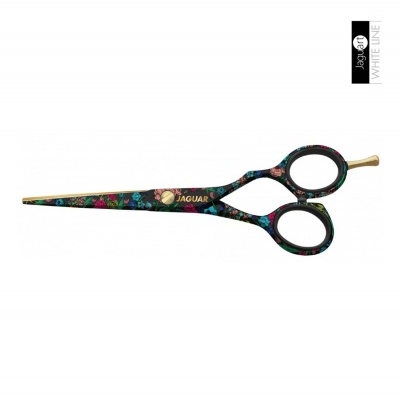 Tesoura de cabelo Jaguar padrão floral colorido com apoio dourado