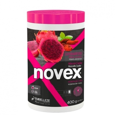 Frasco branco com tampa rosa de máscara capilar Novex de fruta do dragão