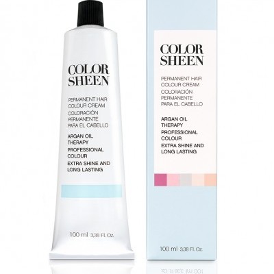 Tubo de creme para cabelo Color Sheen e sua caixa azul clara