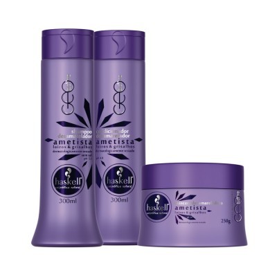 Conjunto produtos Haskell Ametista shampoo condicionador máscara pote e frascos roxos