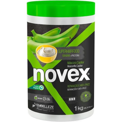 Máscara capilar Novex SuperHairFood Banana + Proteína com tampa verde e rótulo preto e verde