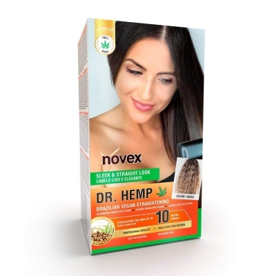 Embalagem de alisamento capilar Novex Dr. Hemp com imagem de mulher e texto em português e inglês