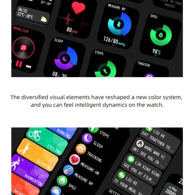 Interface colorida de smart watch i13 mostrando várias funcionalidades e dados de saúde