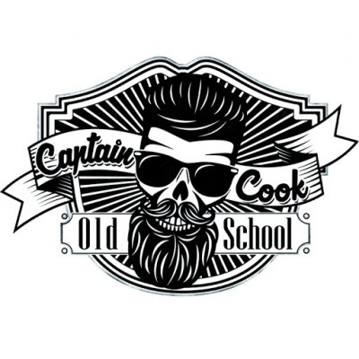 Logótipo preto e branco de caveira estilizada com texto