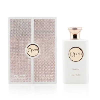 Perfume Opera La Fede Rose Lor com embalagem branca decorada e tampa dourada