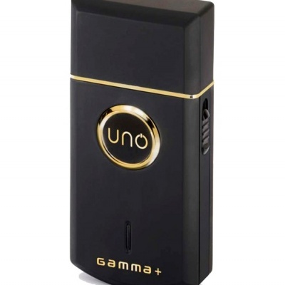 Isqueiro recarregável preto com detalhes dourados e texto 'uno' e 'GAMMA+'