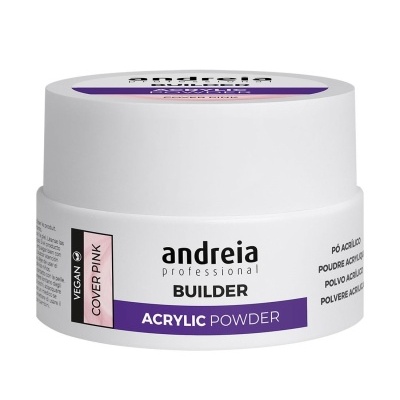 Pote branco de acrílico com rótulo 'andreia professional BUILDER ACRYLIC POWDER'