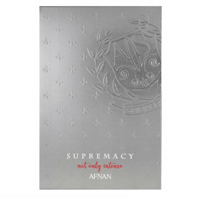 Embalagem prateada com texto SUPREMACY e AFNAN em destaque.