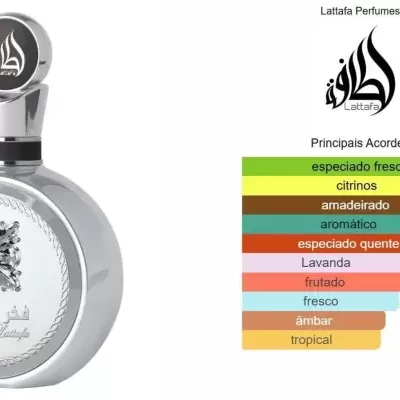 Frasco de perfume redondo prateado com etiquetas e gráfico de acordes principais.