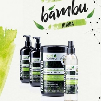 Produtos capilares Real Natura com queratina, bambu e jojoba em embalagens pretas e transparente