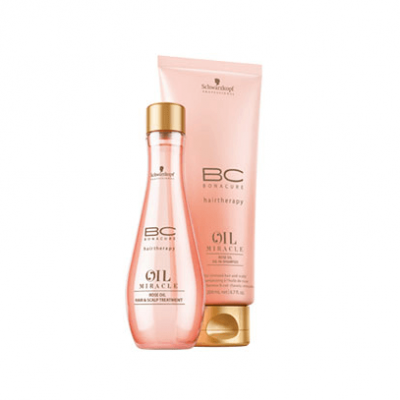 Produtos BC Bonacure Hairtherapy Oil Miracle, frasco de óleo e tubo rosa claro com tampas douradas