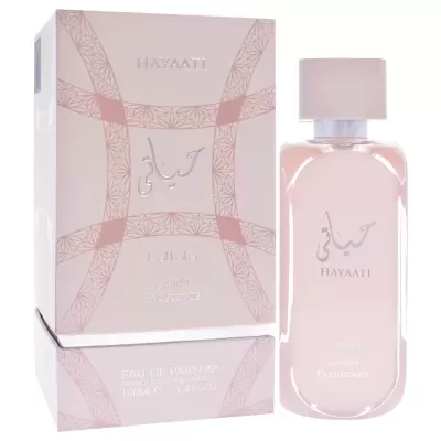 Frasco e embalagem rosa claro de perfume HAYAATI com texto e padrão decorativo