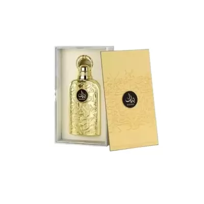 Frasco de perfume dourado com caixa amarela decorada