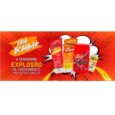 Produtos Novex para crescimento capilar em fundo laranja com texto promocional