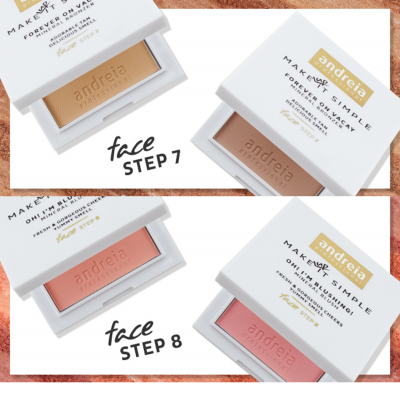 Produtos de maquilhagem andreia PROFESSIONAL em embalagens brancas com texturas em bege e rosa.