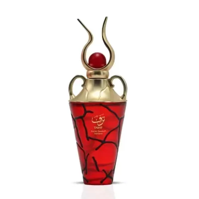 Frasco de perfume vermelho e dourado com decoração preta e texto dourado