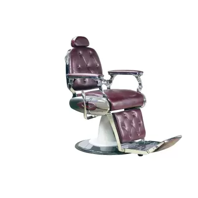 cadeira de barbeiro em couro vinho com base metálica e apoio para pés
