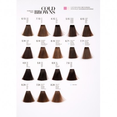 Amostras de coloração de cabelo castanho em tons frios, etiquetadas com números.