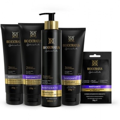 Conjunto de produtos de cabelo Bio Extratus Matizante com embalagens pretas e detalhes dourados e lilás.