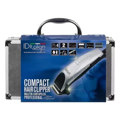 Estojo metálico com máquina de cortar cabelo compacta IDItalian design na embalagem azul