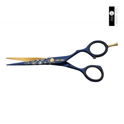 Tesoura de cabelo azul e dourada com detalhes florais e marca JAGUAR