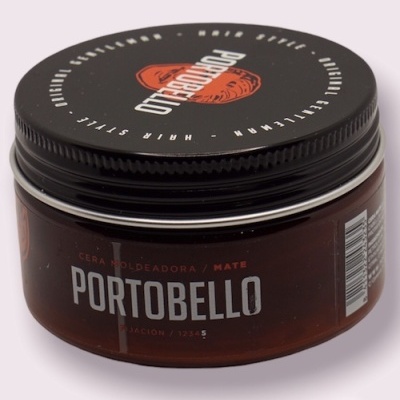 Frasco de cera modeladora mate para cabelo Portobello castanho com tampa preta.