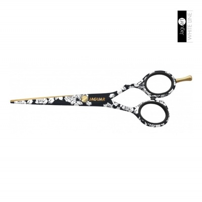 Tesoura preta com padrão floral branco e detalhes dourados para cabelo