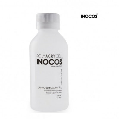 Frasco branco com tampa, rótulo POLYACRYGEL INOCOS, líquido especial para pincéis