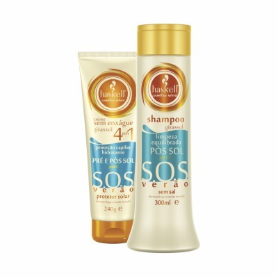 Frascos de champô e creme sem enxágue Haskell com proteção solar