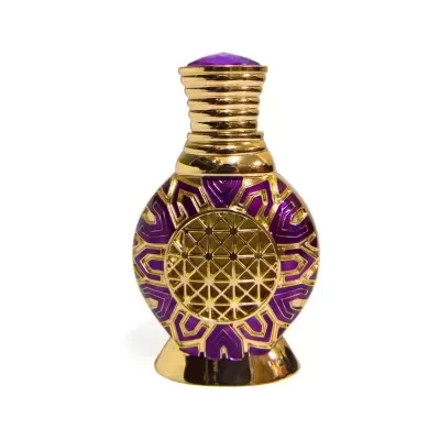 Frasco de perfume dourado e roxo com padrão geométrico